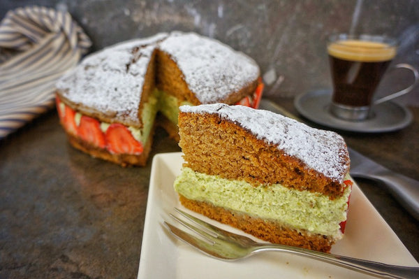 Ginger Cake with Pistachio Mousse and Strawberries