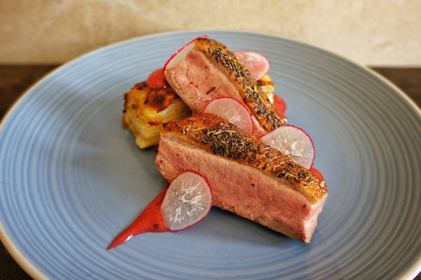 Pan Roasted Duck Breast with Plum Purée and Pommes Anna